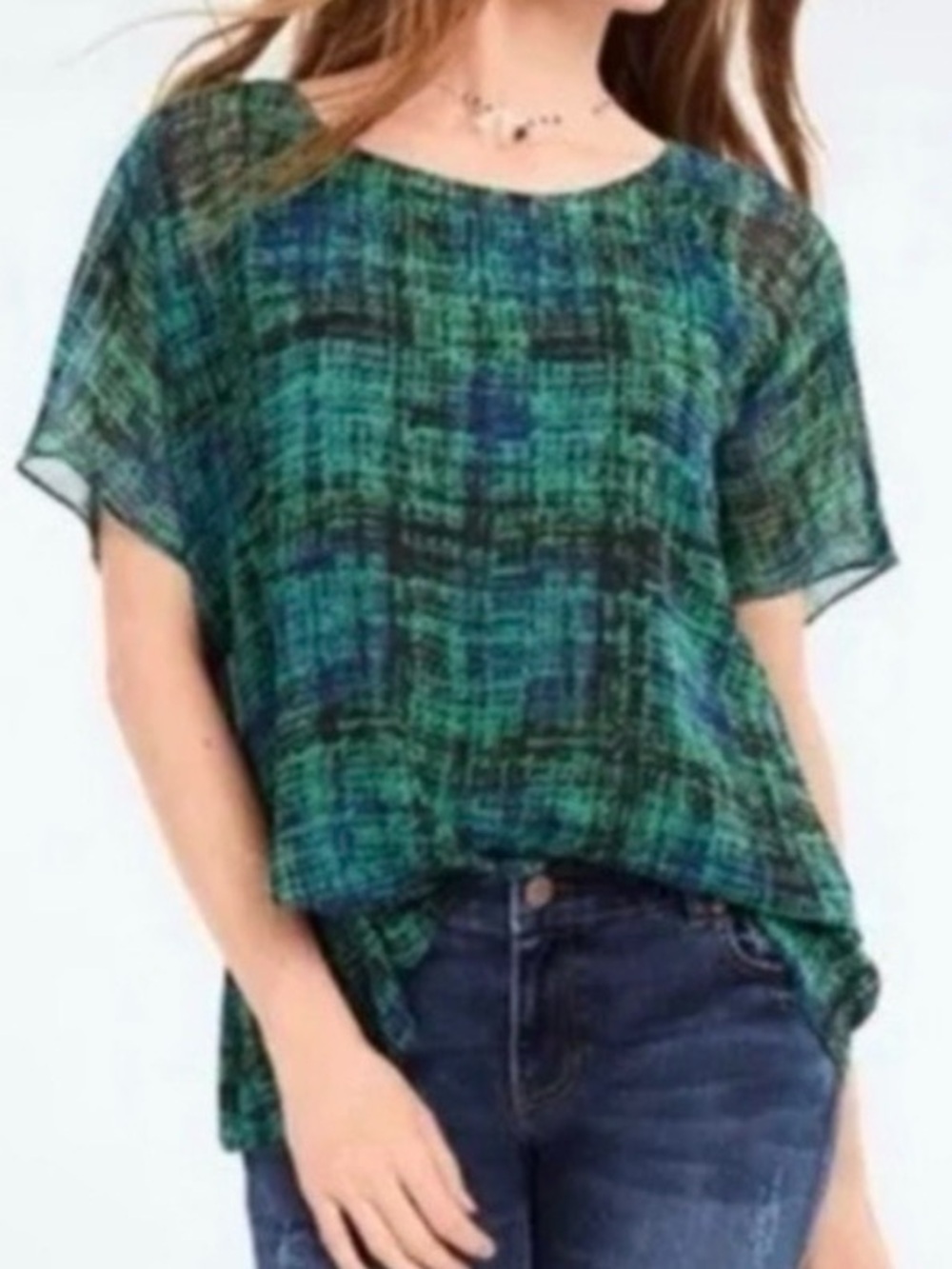 CAbi Green and Blue Plaid Short Sleeve Blouse